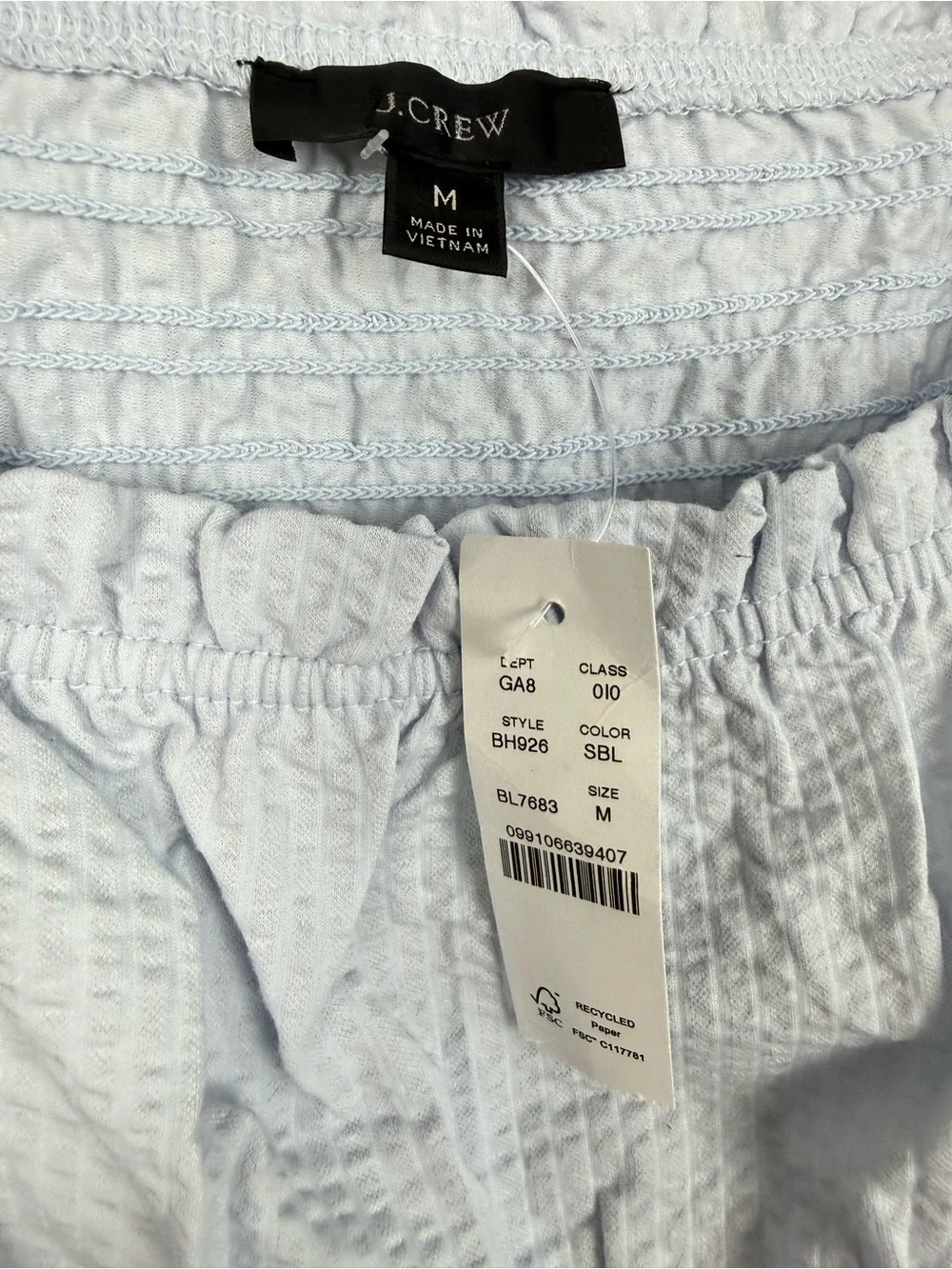 J. Crew Seersucker Smocked Medium Top Blue Puff Sleeve Peplum Preppy Resort Vaca